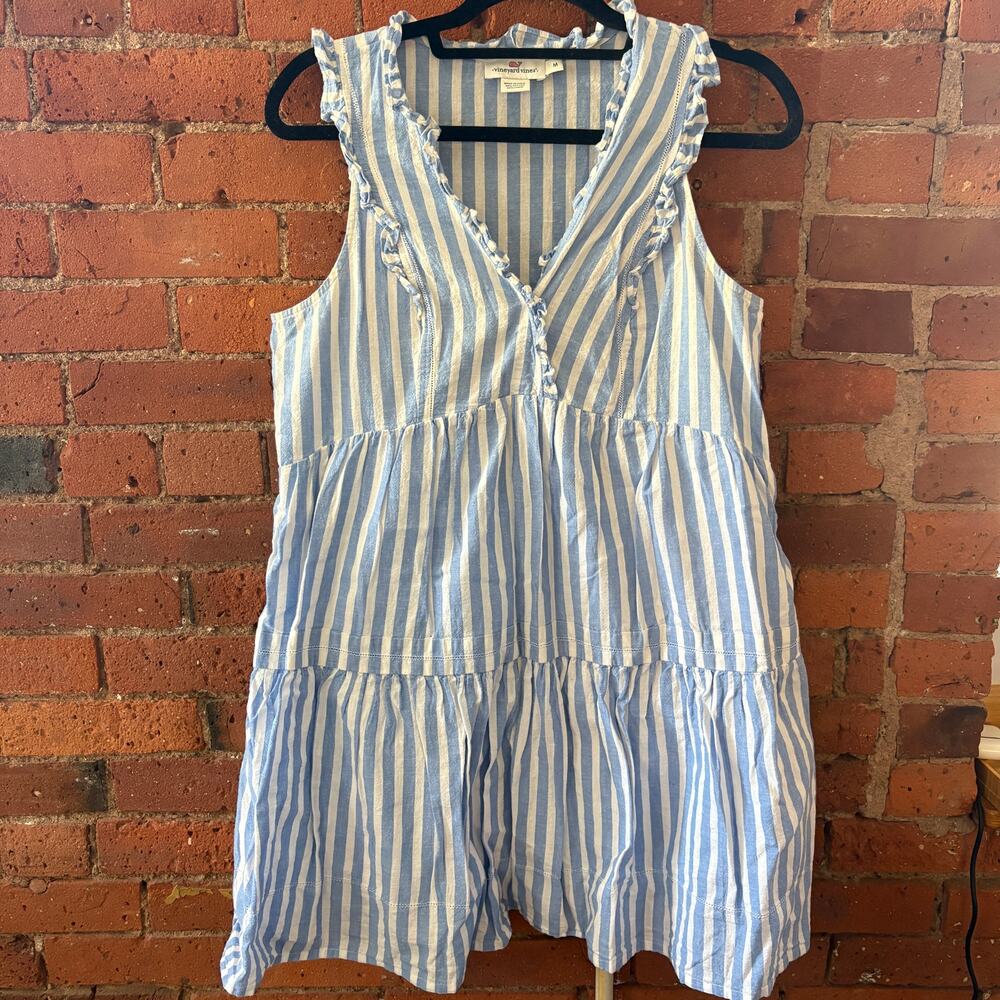 Vineyard Vines Seersucker Ruffle V Neck Mini Dress Sz M Cotton Linen Blend